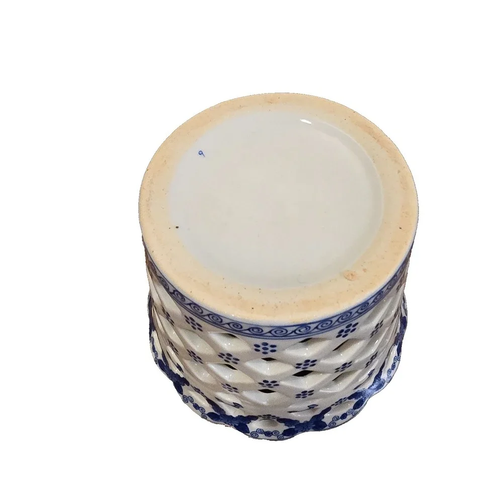 Vintage 1980s Andrea by Sadek Blue White Porcelain Reticulated Lattice Planter